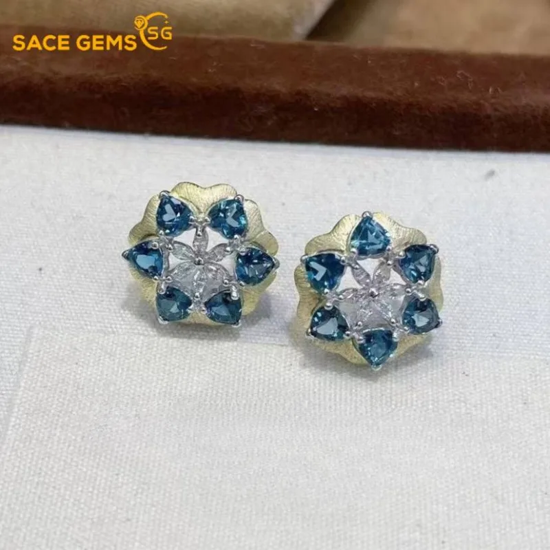 

SACE GEMS Luxury 925 Sterling Silver Earrings for Women 5MM Natual Topaz Stud Earrings Engagement Cocktail Party Fine Jewelry