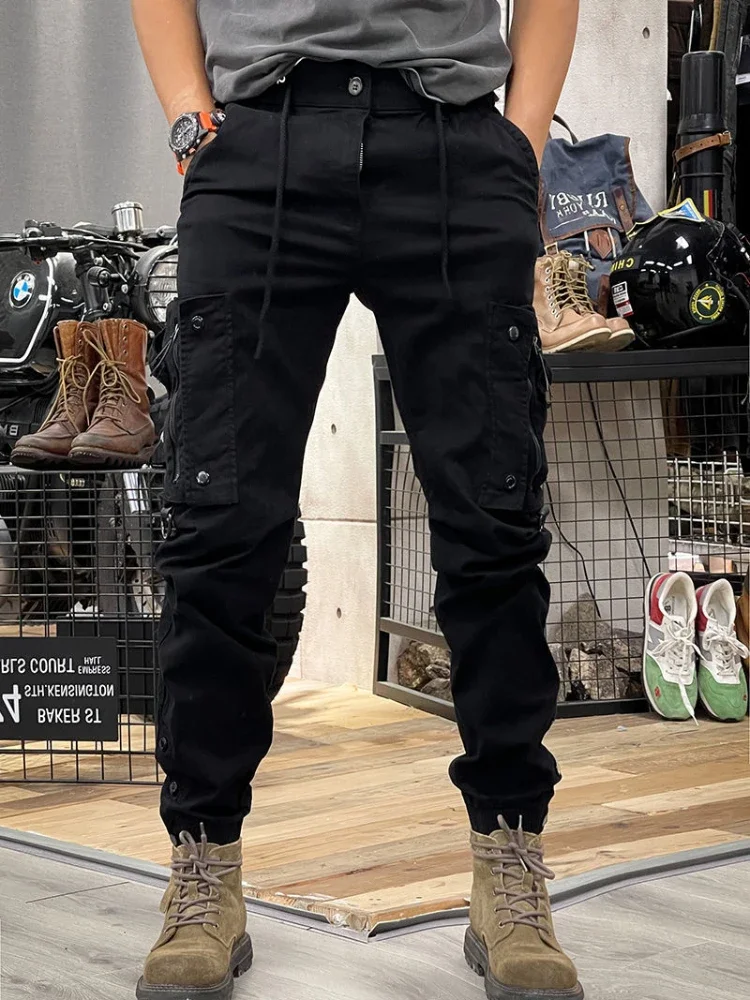 Cargo Pants for Men Khaki Biker Trousers Man Stretch Motorcycle Outdoor Hiking Loose Street Cotton Slacks Large Size New In