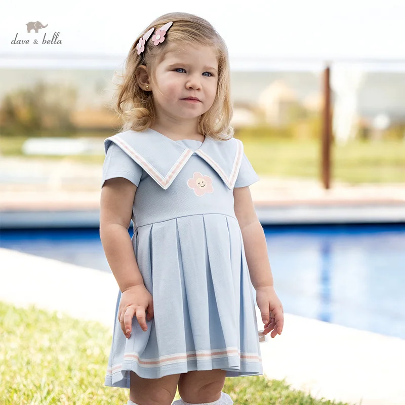 Dave Bella Girl's Dresses Children's New Baby  Academic Style Lovely Sweet Fresh Short Sleeve Summer Pleated Skirt DB2235621