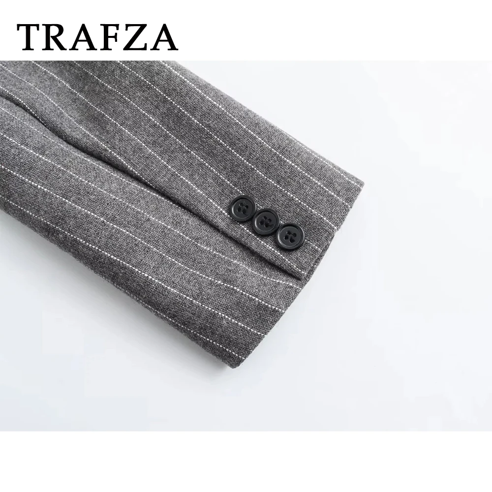 TRAFZA 2024 Spring Office Lady Striped Suits Fashion Turn Down Collar Shrug Single Breasted Blazers+Elastic Waist Pencil Pants