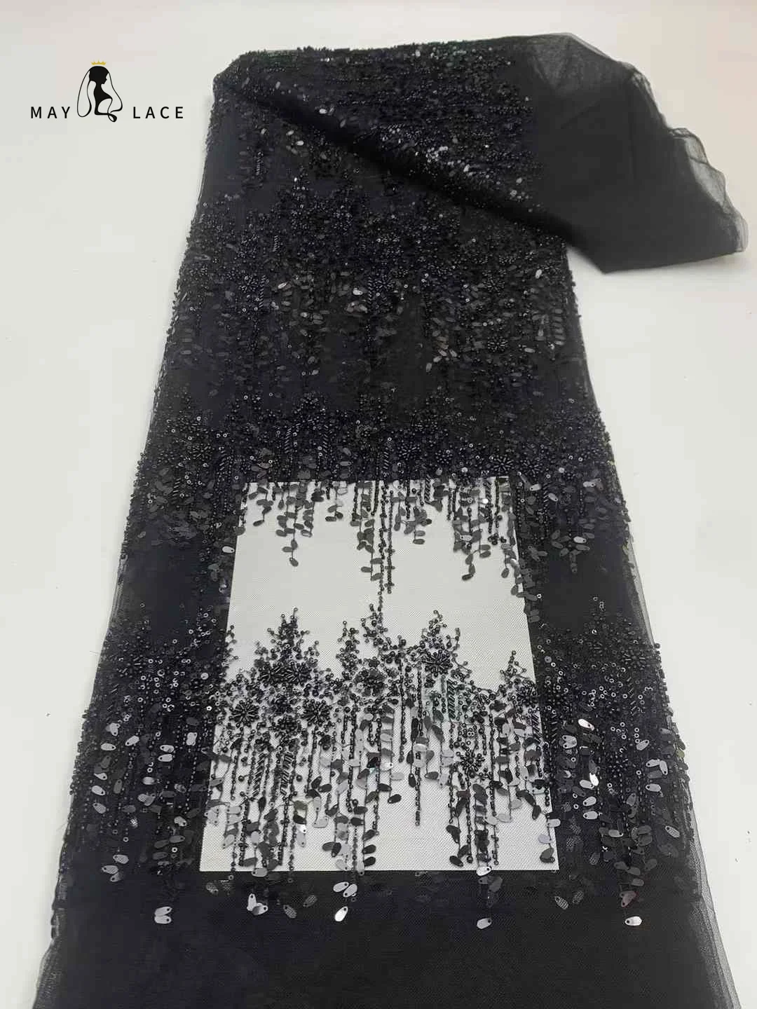 Black African Mesh Lace African Lace Fabric High Quality 5 Yards Sequin Embroidery Nigerian French Tulle Lace Fabric For Wedding