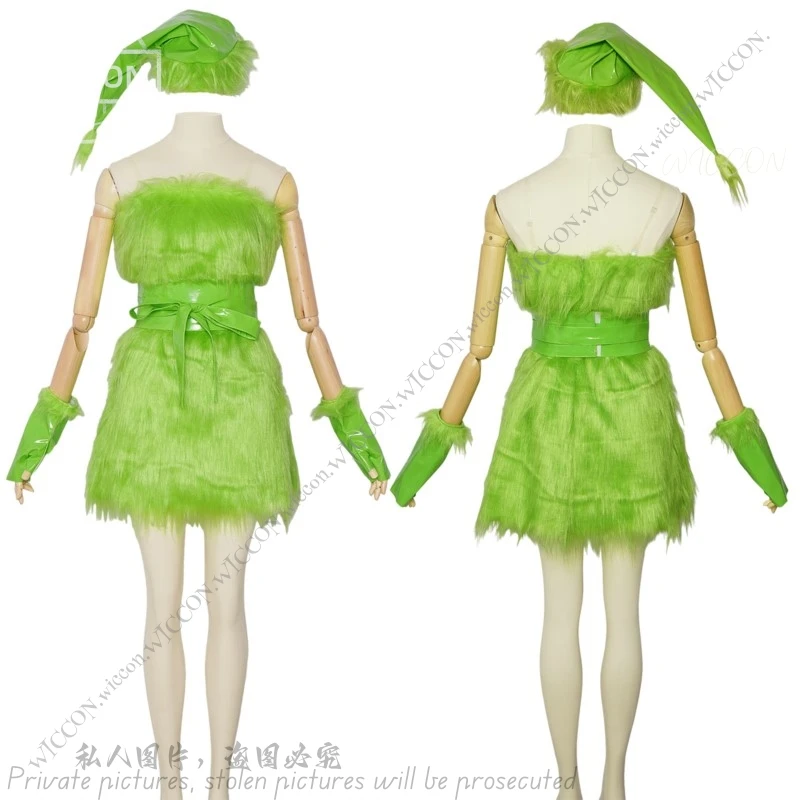 Green Furry Halloween Costume Cosplay Movie Thief Monster Costume Dress Hat Belt Corset Gloves Clear Shoulder Strap Party