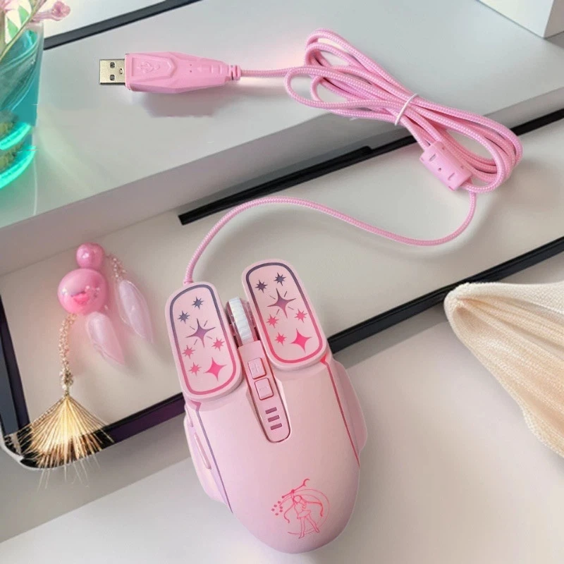 Rgb Wired Gaming Mouse Star Moon Goddess Styling 7200dpi Adjustable Pink Ergonomic Pointer For Pc Laptop E‑Sports Game Daily Use
