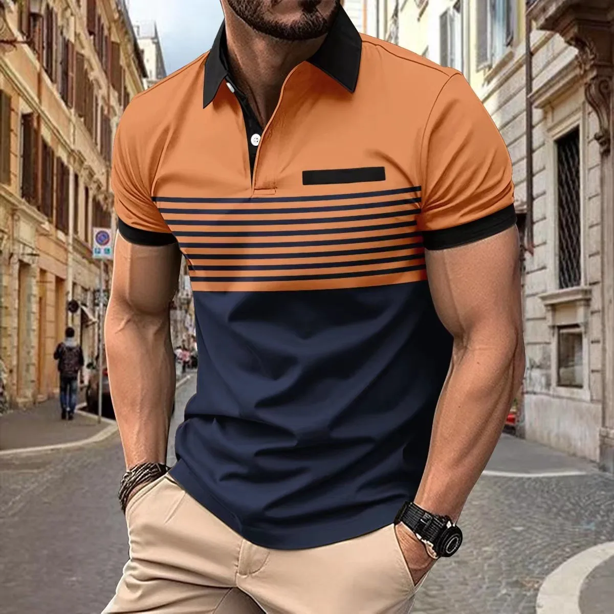 Summer new high quality 3D horizontal stripe printed polo shirt, men's casual fashion comfortable patchwork short sleeve top