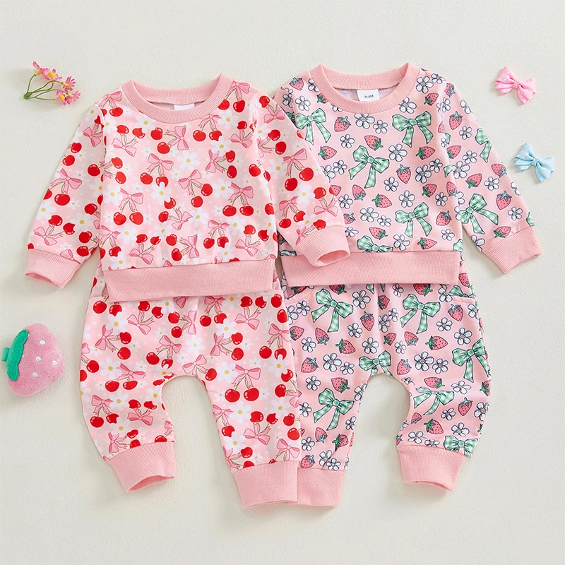 

SUNSIOM 0-3 Years Baby Girl Spring Fall Outfits Long Sleeve Fruit Bow Print Sweatshirt Elastic Waist Pants Set Toddler Clothes
