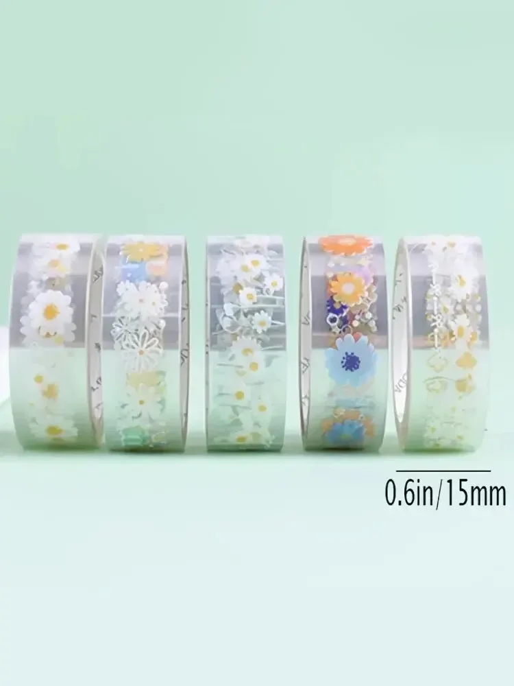 5 Rolls Transparent Decorative Tape PET Waterproof Self-Adhesive Flower Daisy Pattern Decorative Masking Sticker Clear Tape