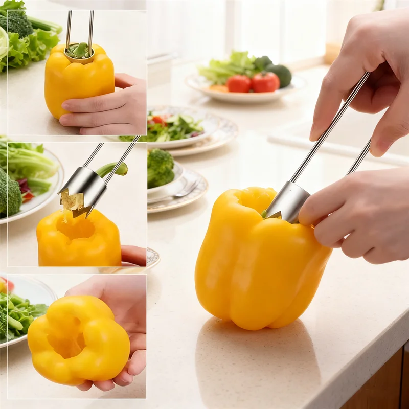 Multi-Use Fruit Vegetable Corer Stainless Steel Core Remover for Apple Pear Bell Pepper, Efficient Pitter Extractor Kitchen Tool