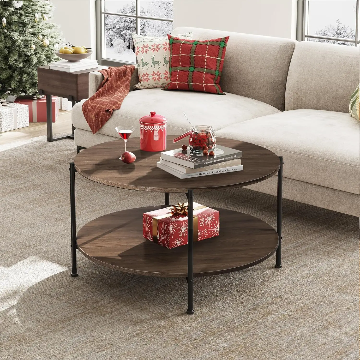 32.6" 2-Tier Industrial Round Coffee Table - Small Wood Circle Center Table with Open Storage