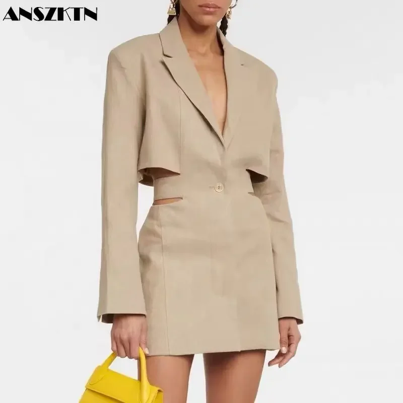 ANSZKTN Women Fashion Party Hollow Out One Button Casual Jacket Blazer Dress Women Ladies Blazers