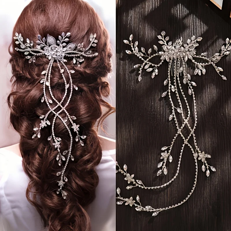 Luxury Bridal Hair Comb Long Chain Rhinestone Headress Gold  Silver Flower Headband Wedding Jewelry  Crystal Headpiece Ornaments