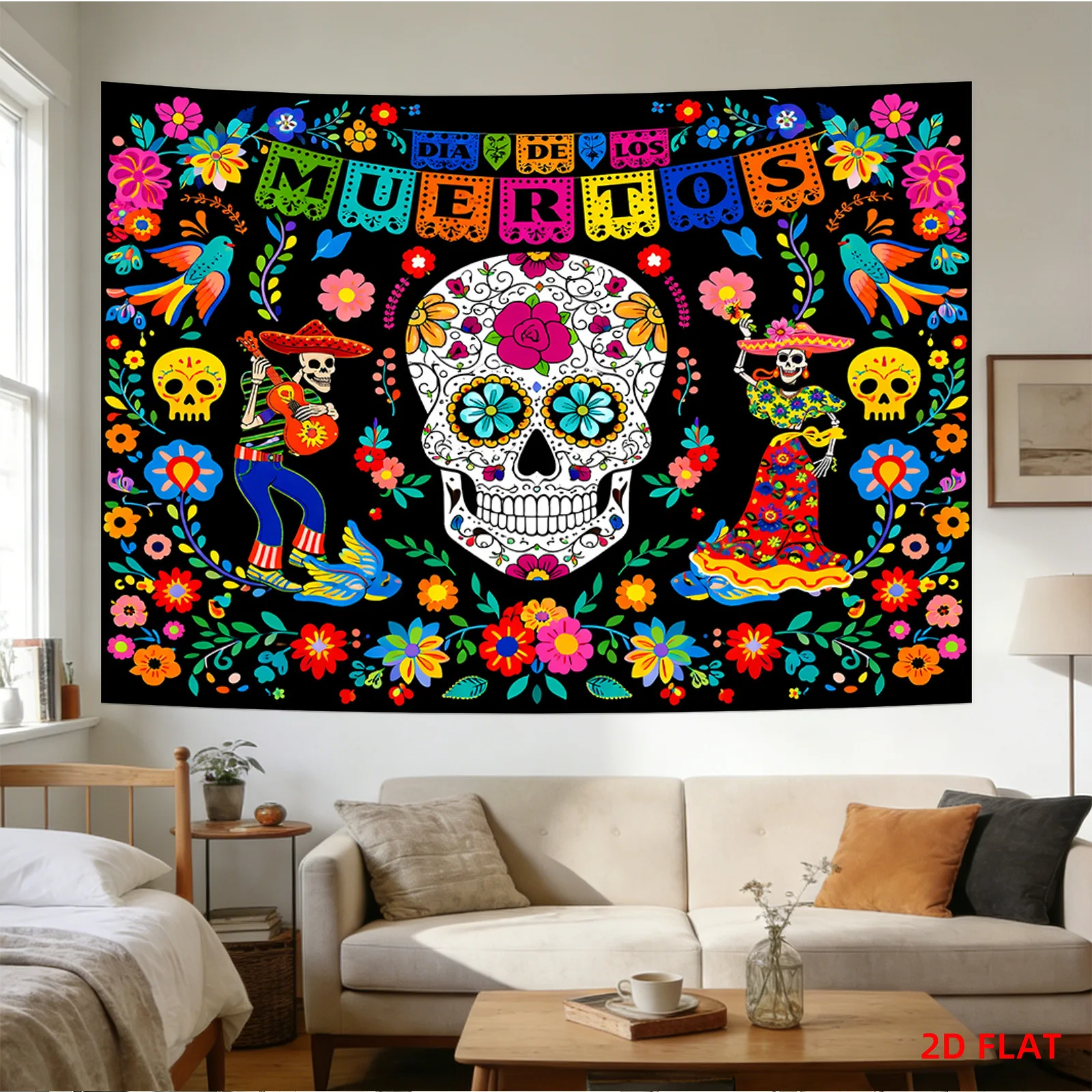 2D Flat [2D Plane Printing] 1 Large Sizesmall Size Pattern Printed Tapestry Day Of The Dead Colorful Skulls Flowers Skeletons Da