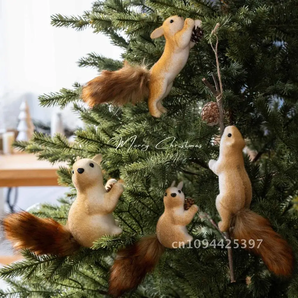 2PCS Christmas Decorations Squirrel Pendant Simulation Cute Squirrel Christmas Tree Creative Doll Doll Small Pendant 2025 Gifts