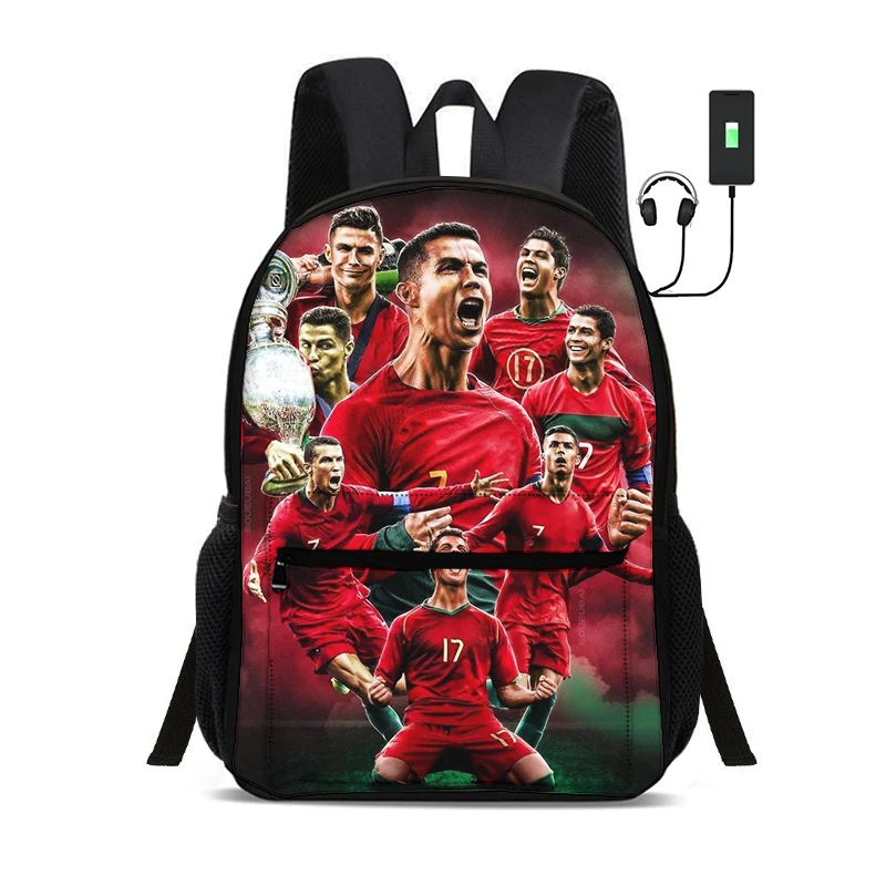 Ronaldo Child School bags CR Football Star Backpack with USB interface Bag for Student Rucksack Football Sport Bookbag Kids Gift
