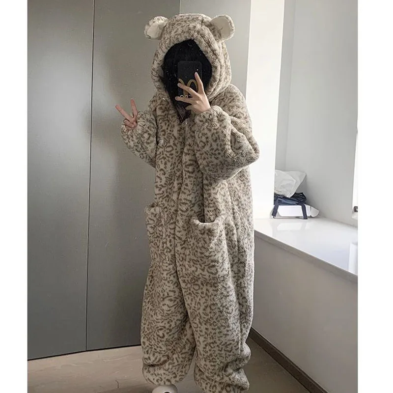 

Autumn Winter Cartoon Girl Conjoined Pajamas New Hooded Sleepwear Coral Fleece Keep Warm Pj Thicken Nightwear Kawaii Homewear