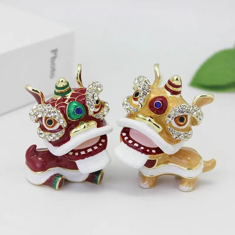 SHINNYGIFTS Chinese Lion Dance Trinket Box Decorative Hinged Jewelry Box for Home Decor Good Luck