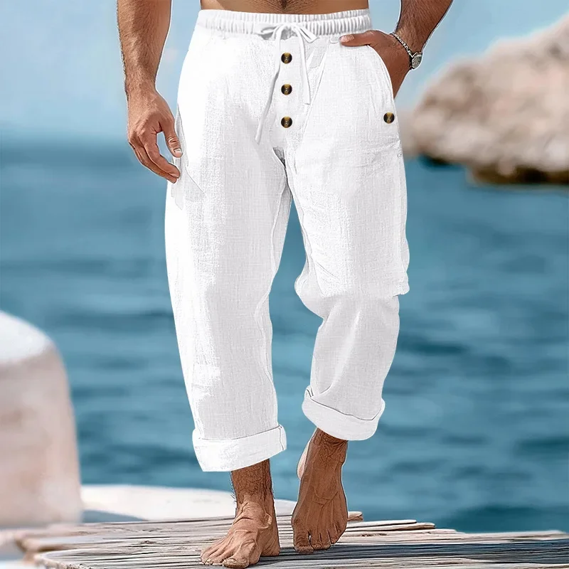 

Independent Station Spring and Autumn Men's Pants Casual American Solid Color Linen Loose Drawstring Button Straight Pants Men