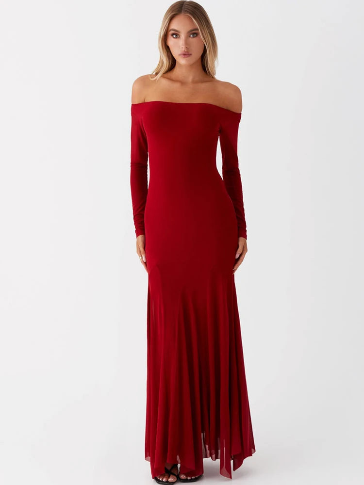 Mozision Off-shoulder Long Sleeve Sexy Maxi Dress For Women Autumn New Strapless Backless Pleated Elegant Long Dress Fashion