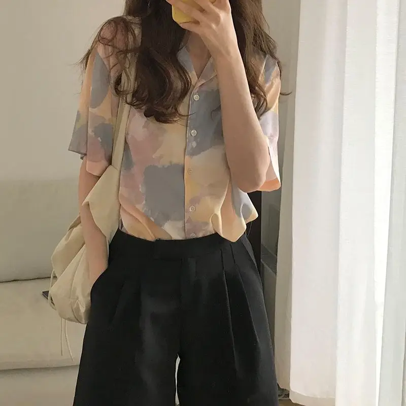 New American Retro Suit Collar Shirt Top Summer Hong Kong Style Chic Tie-dyed Short-sleeved Print