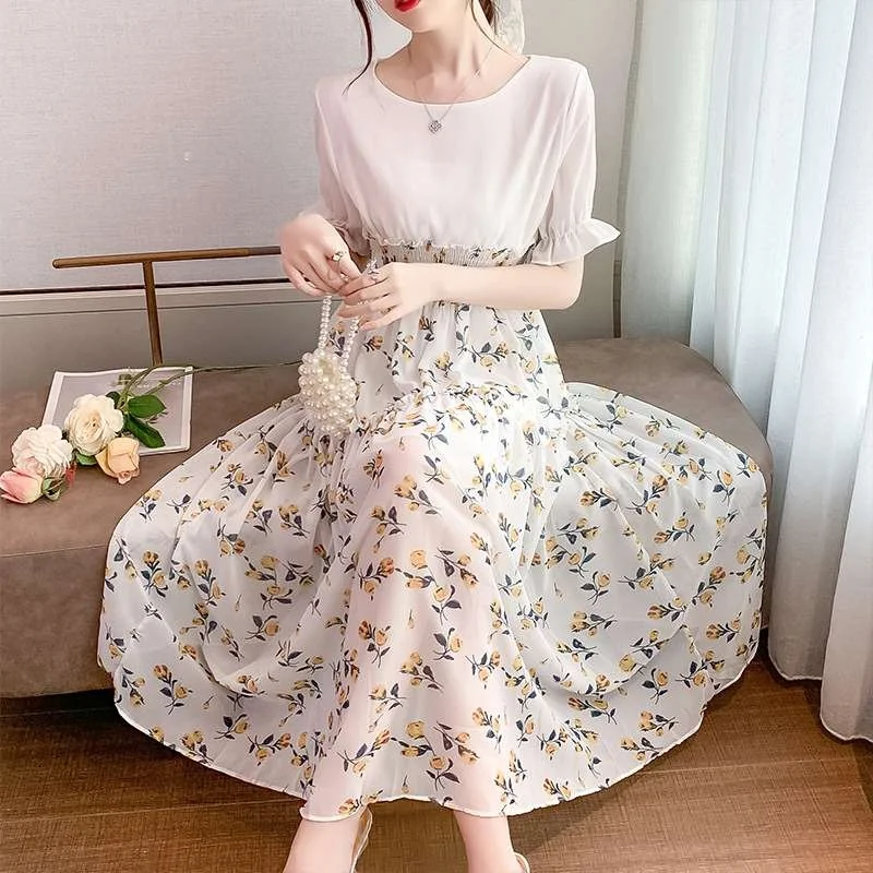 

Женское летнее платье из шифона с цветочным принтом, элегантное, нежное, свободного кроя, с круглым вырезом, из полиэфирного волокна, А-силуэт.