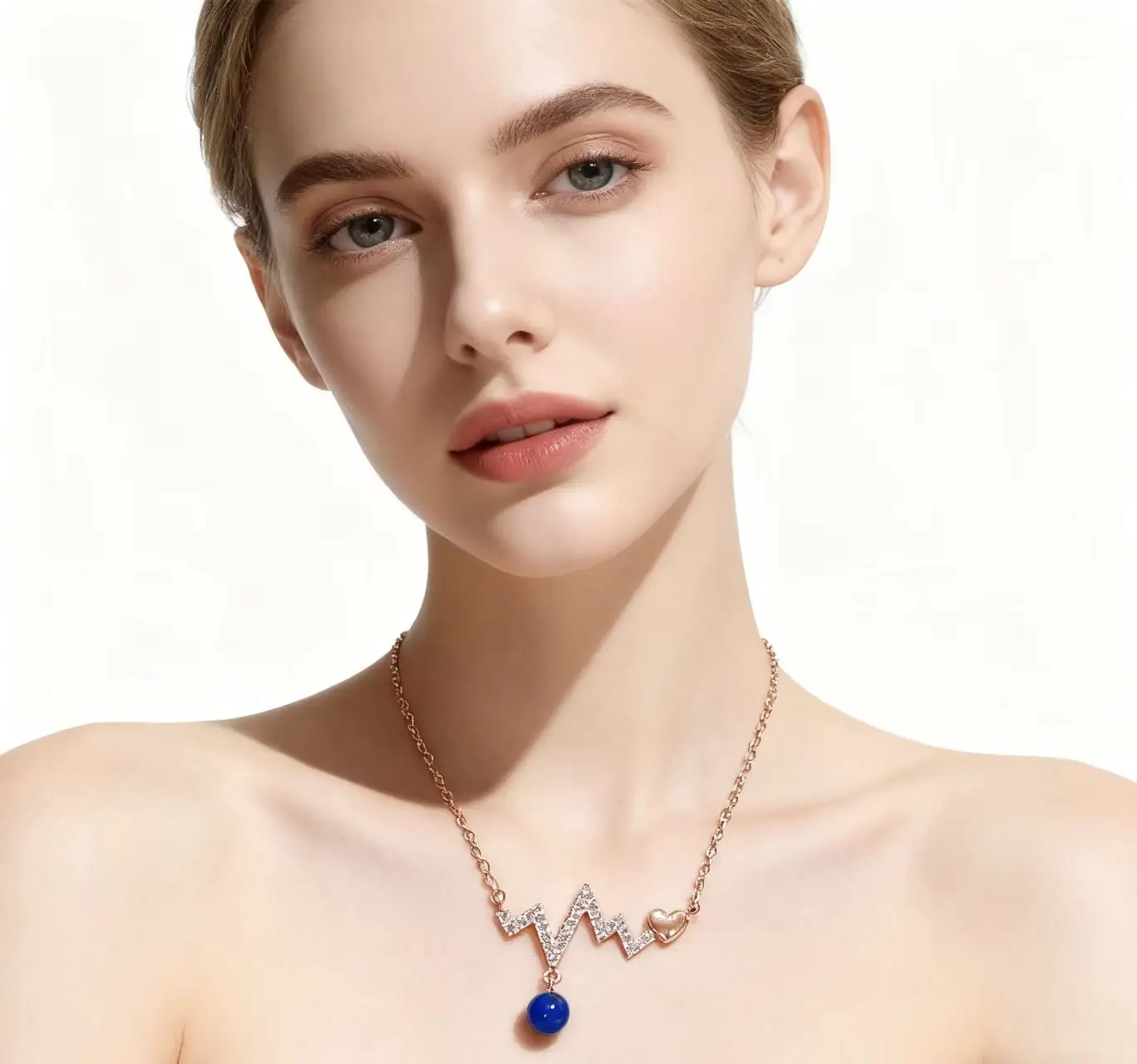 

Heartbeat Curve Pendant Necklace Rose Gold Sterling Silver with Zircon & Blue Amber 4mm Gift for Her Valentine Love Jewelry