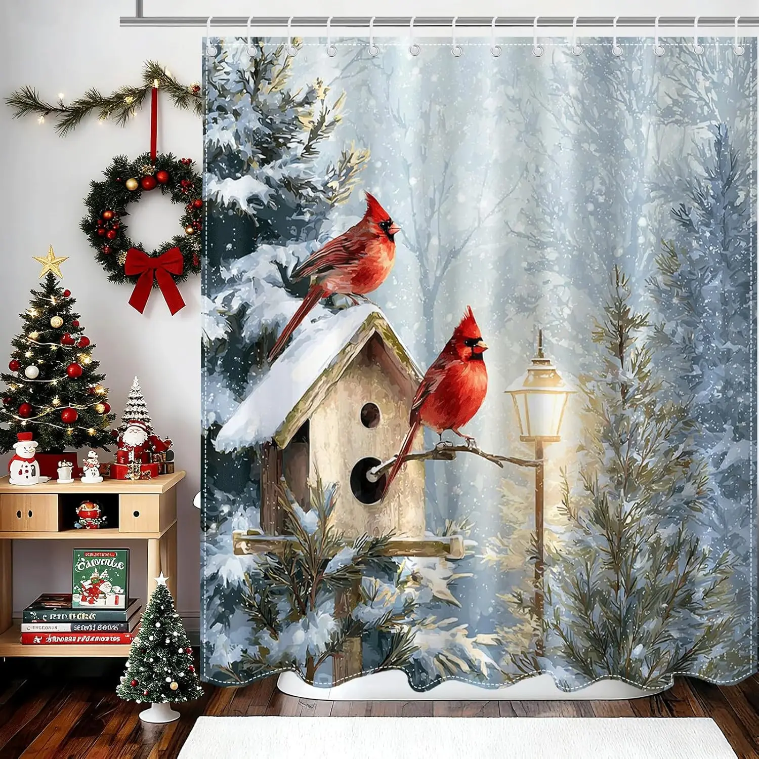 Merry Christmas Shower Curtain Winter Snowflake Robin Red Cardinal Bird Shower Curtain for Christmas Holidays Bathroom Decor