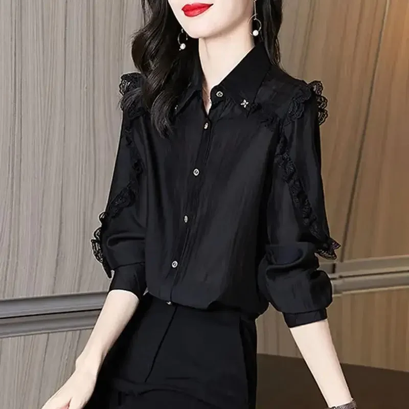 

Elegant Lace Spliced Lapel Button Oversized Chiffon Shirt Autumn New Casual Tops Loose Commute Women's Clothing Blouse JJ64