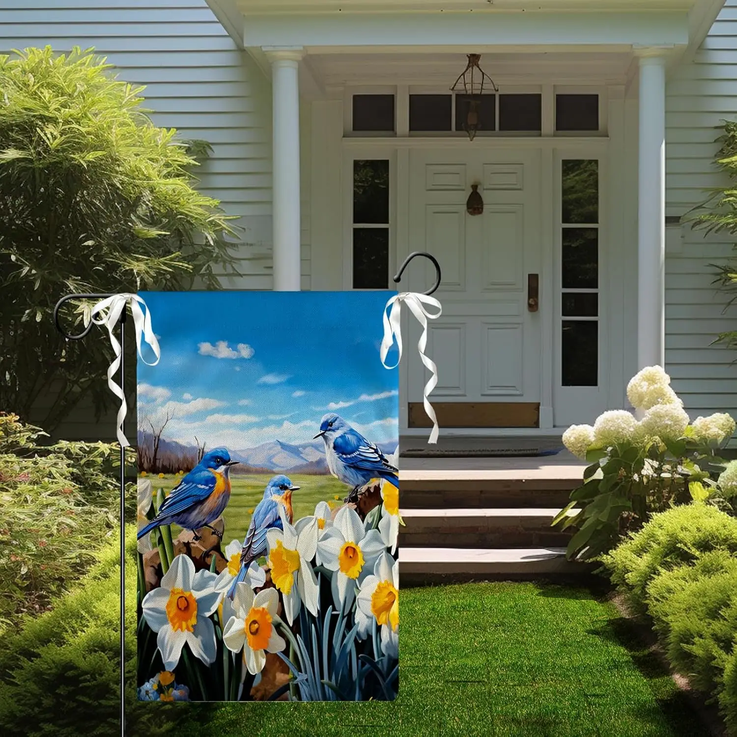Summer Bluebirds Garden Flags Spring Daffodil Flowers Yard Flag Yellow Floral Bird House Banner Blue Sky Polyester Double Si llz