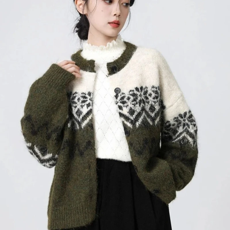 

Винтажный кардиган с круглым вырезом и принтом, женский повседневный вязаный свитер с длинными рукавами и ленивым ветром, короткое пальто, осенне-зимний топ в стиле Харадзюку