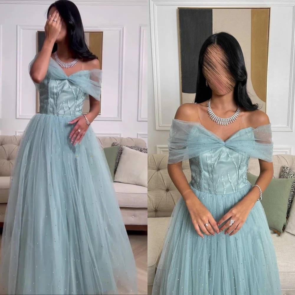 Customized Exquisite Off-the-shoulder A-line Evening Dresses Sequin Rhinestone Tulle Customized Saudi Arabia