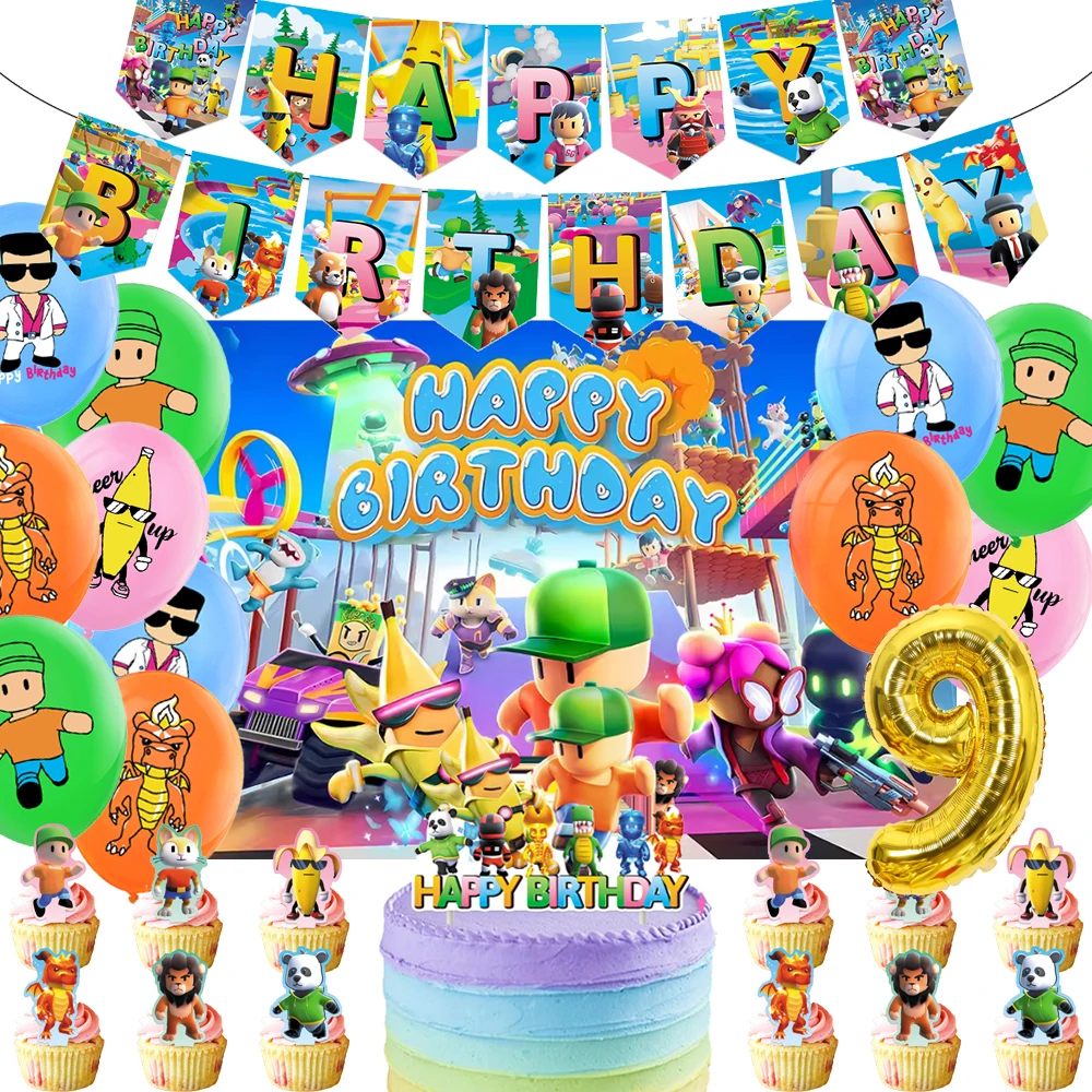 Stumbling Boys Theme Background Birthday Party Decoration Supplies Number Balloon Banner Cake Topper Tableware Kids Gift Prop