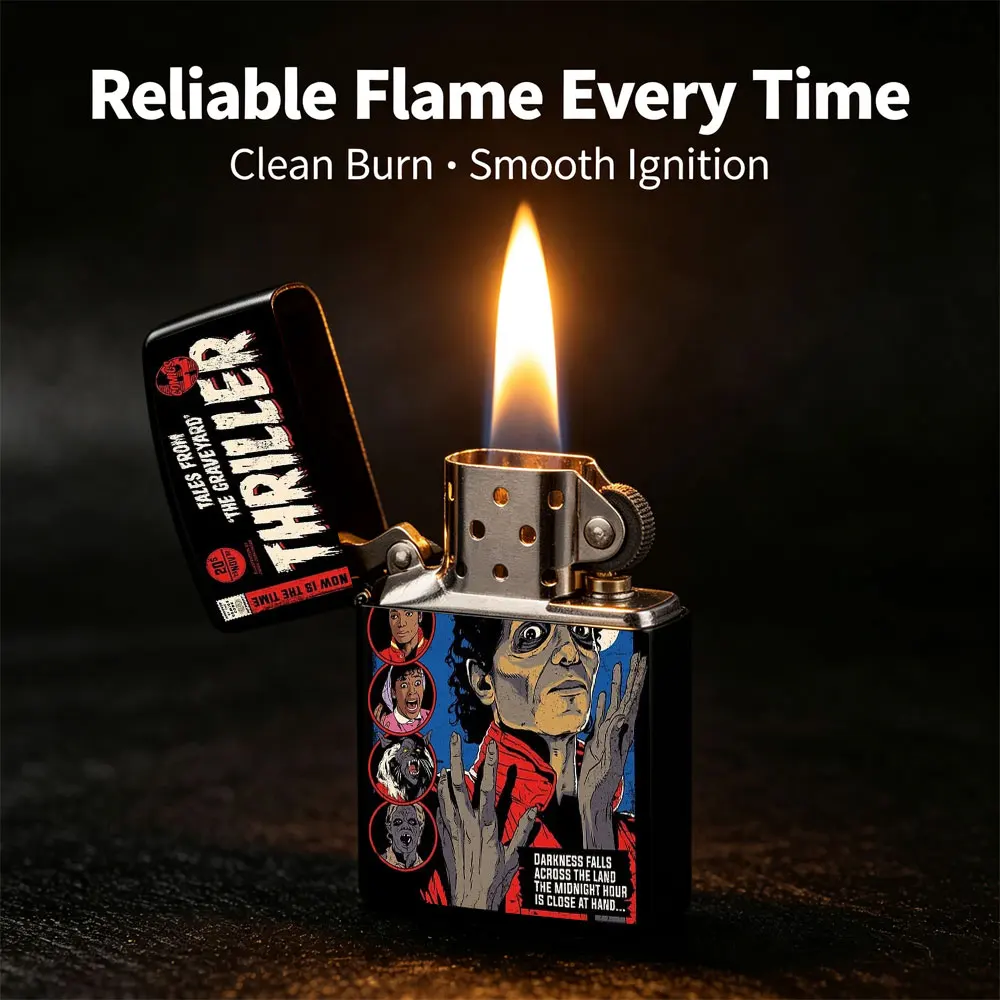 Pocket Lighter, Flip Top Design, Metal Case, Tales from the Graveyard Thriller Print, Windproof Flame, Comfortable Grip, Cool Horror Gift
