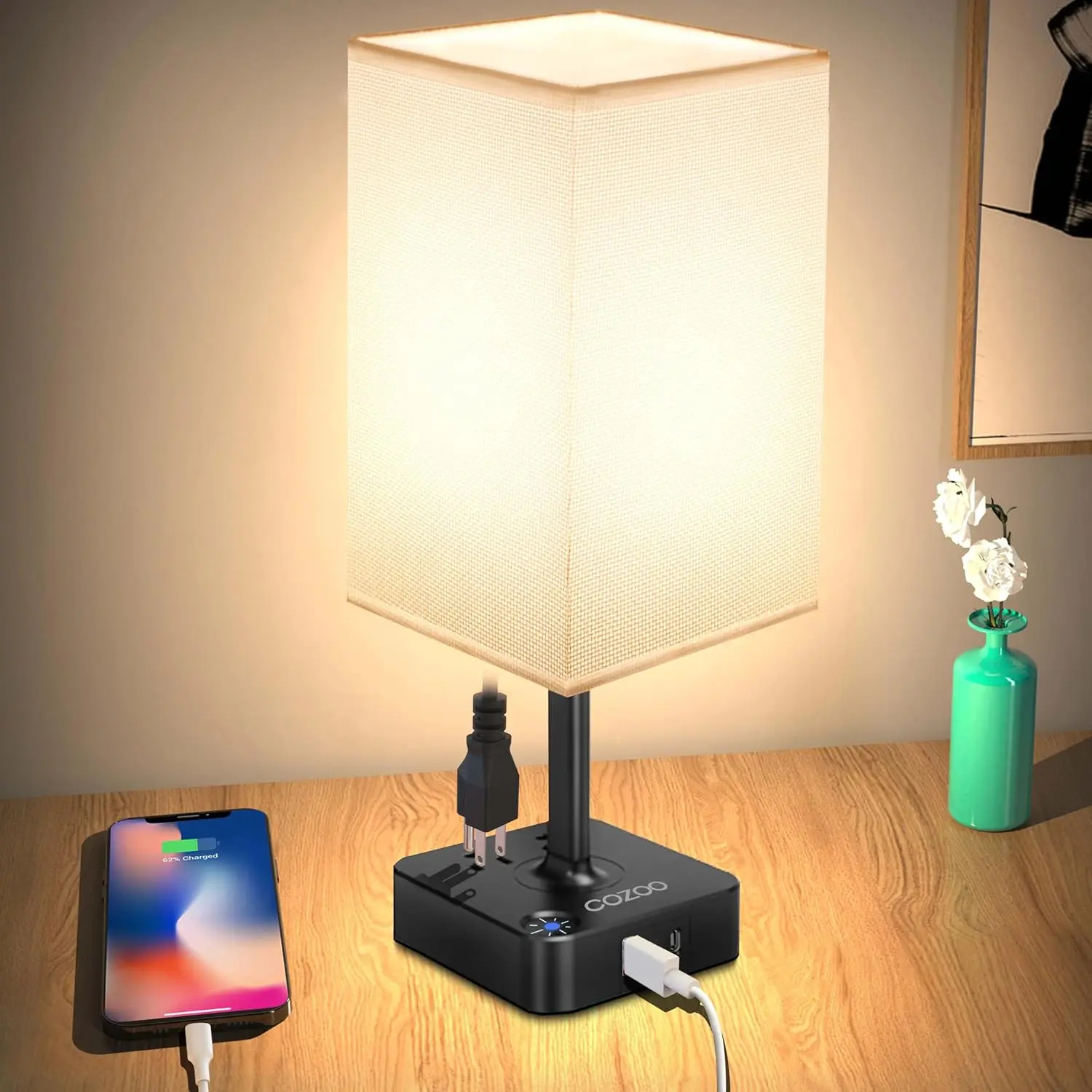 

USB Table Lamp Dimmable with 2 Charging Ports & 2 Outlets, Touch Control Bedside Lamp for Bedroom, Living Room, Home Office