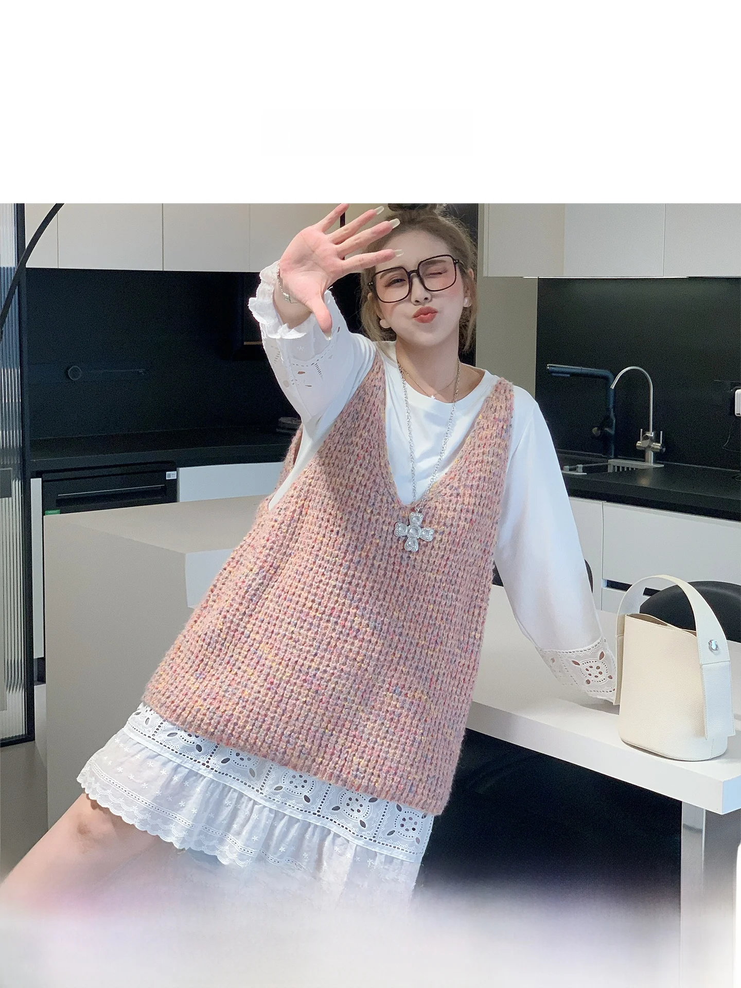 

Свободный вязаный свитер, жилет большого размера, женский модный розовый многослойный топ, удобная повседневная одежда для всего тела pes