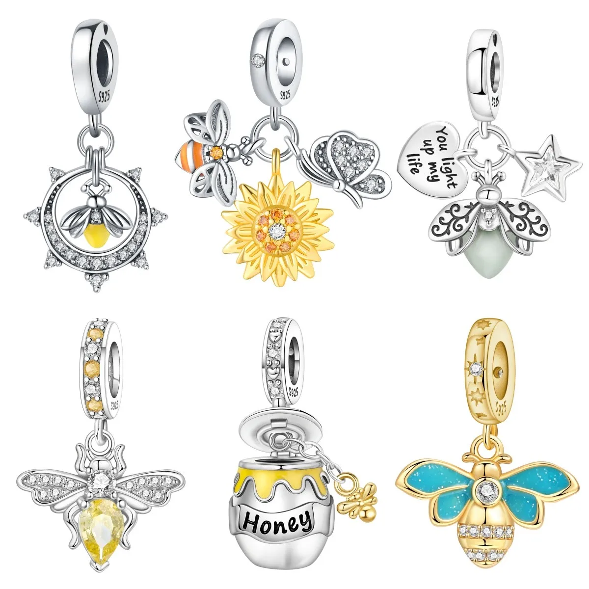MISEFF S925 Sterling Silber Charm, exquisiter Anhänger mit Insekten, Glühwürmchen und Biene, passend für Original-Armbänder, DIY-Schmuckherstellung, Geschenk für Frauen