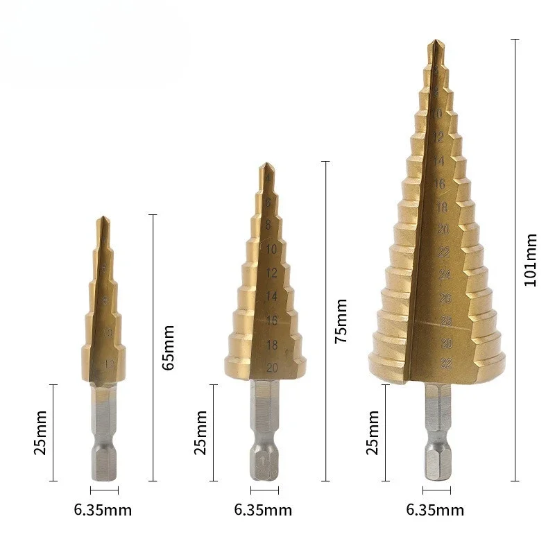 3PCS Hex Shank Straight Groove Drill Bit Set 3-12mm 4-12mm 4-20mm 4-32mm Black Gold Step Reaming Tower Drill Tool Kit