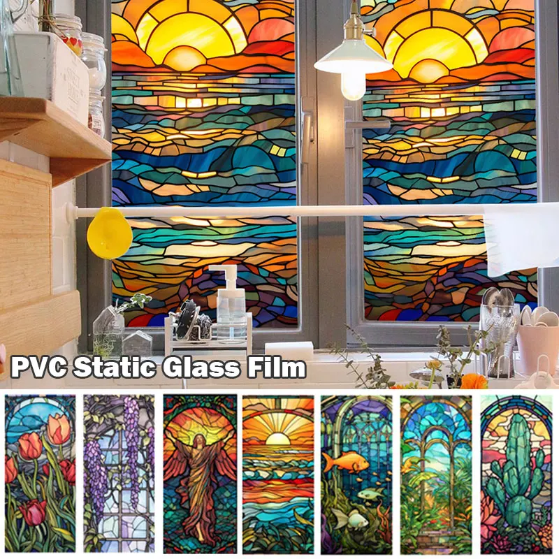 

45x100cm Stained Colorful Tropical Plant Flower Ocean Sunrise Window Glass Stickers Pvc Window Film Glazing Film Home Decoration