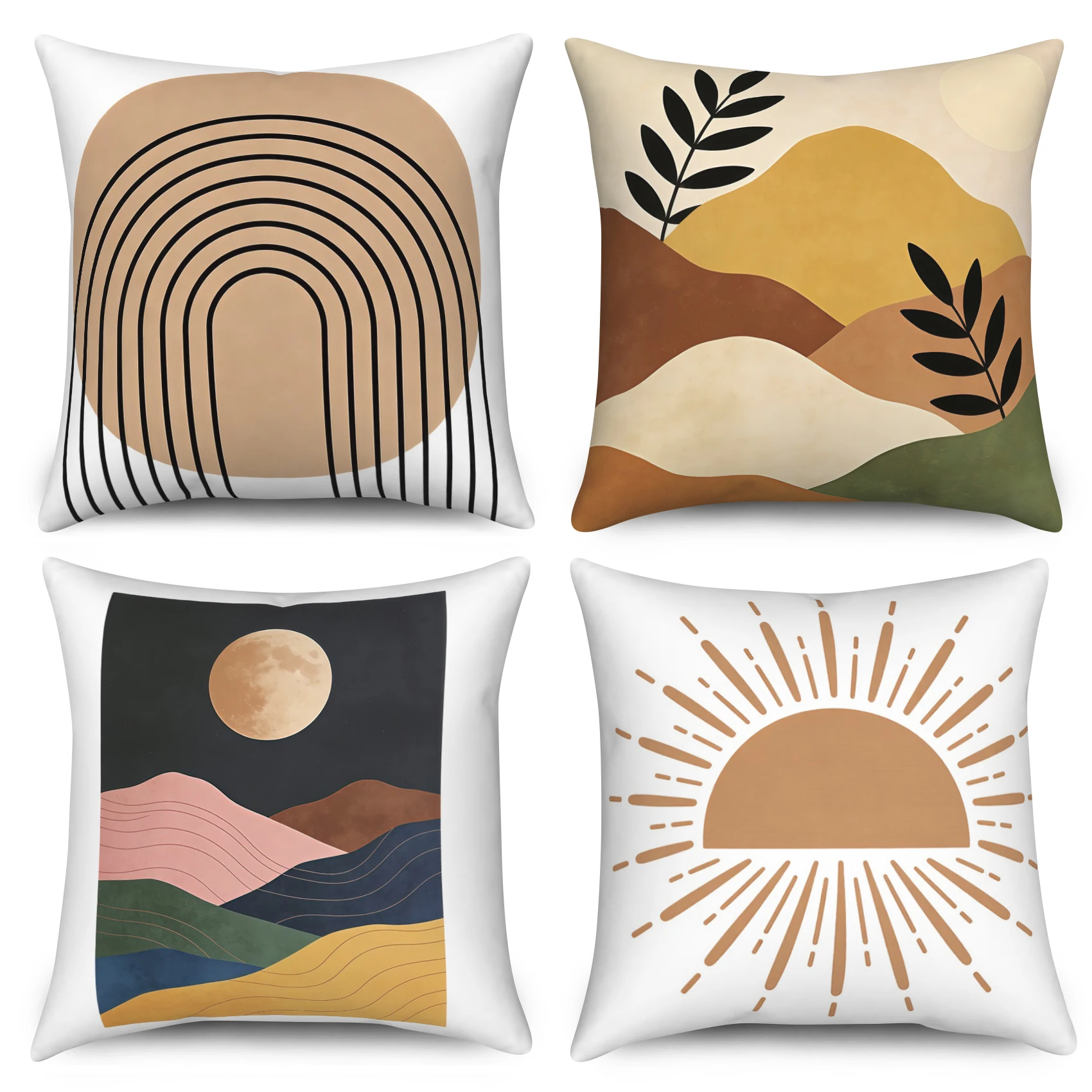 

4pcs Boho Abstract Throw Pillow Cover, Modern Minimalist Sun Moon Mountain Pillowase, Polyester Linen Fabric Material Home Decor