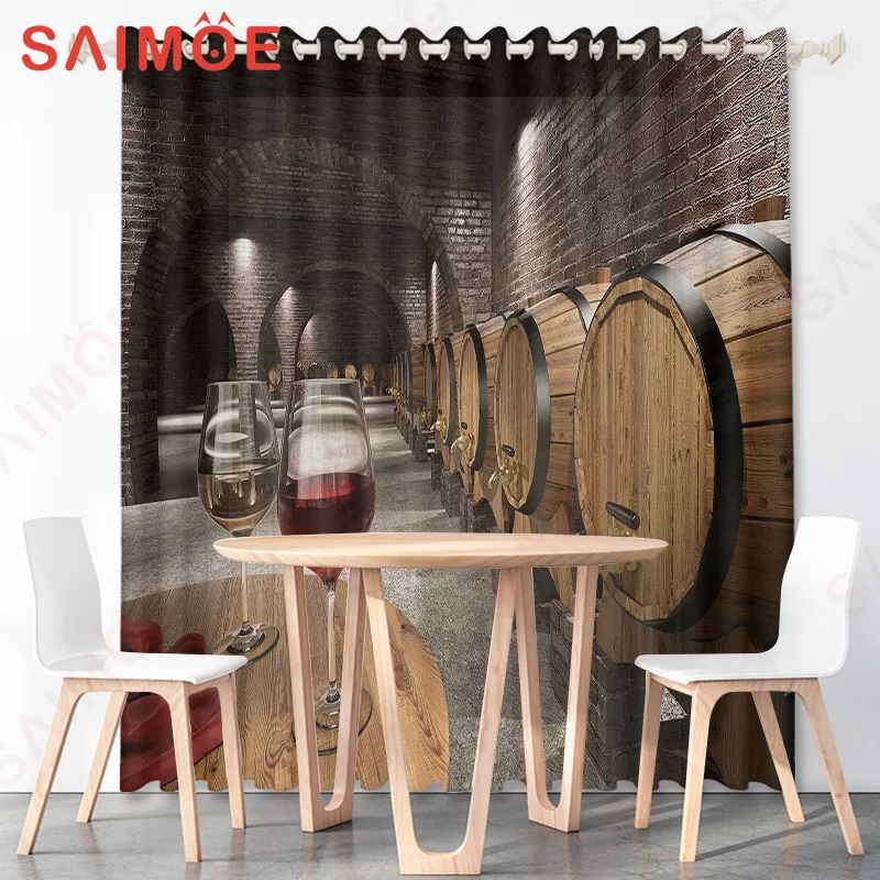 French Romantic Wine Curtains Wooden Barrel Wheat Beer Fruits Wine Glass Custom Thin Polyester Fabric Bar Decorations with Hooks