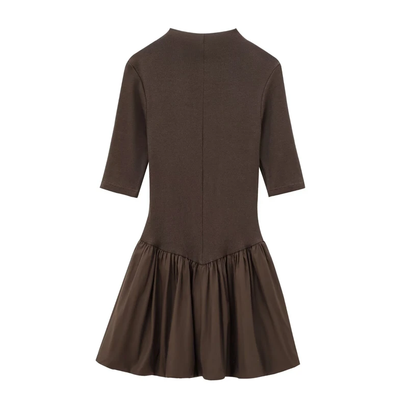 EllYANEllTIAN-Mini robe en popeline patchwork tricotée pour femmes, style simple, col montant, manches courtes, robes bouffantes minces, couleur unie, nouveau, 2025