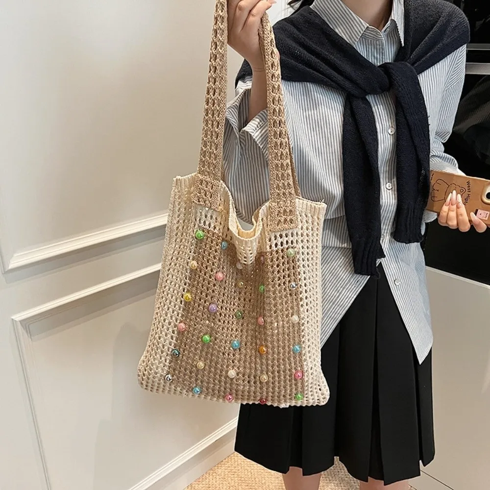 

Colorful Knitting Shoulder Bag Beaded Decoration Korean Style Bohemian Crochet Tote Bag Hollow Out Large Capacity