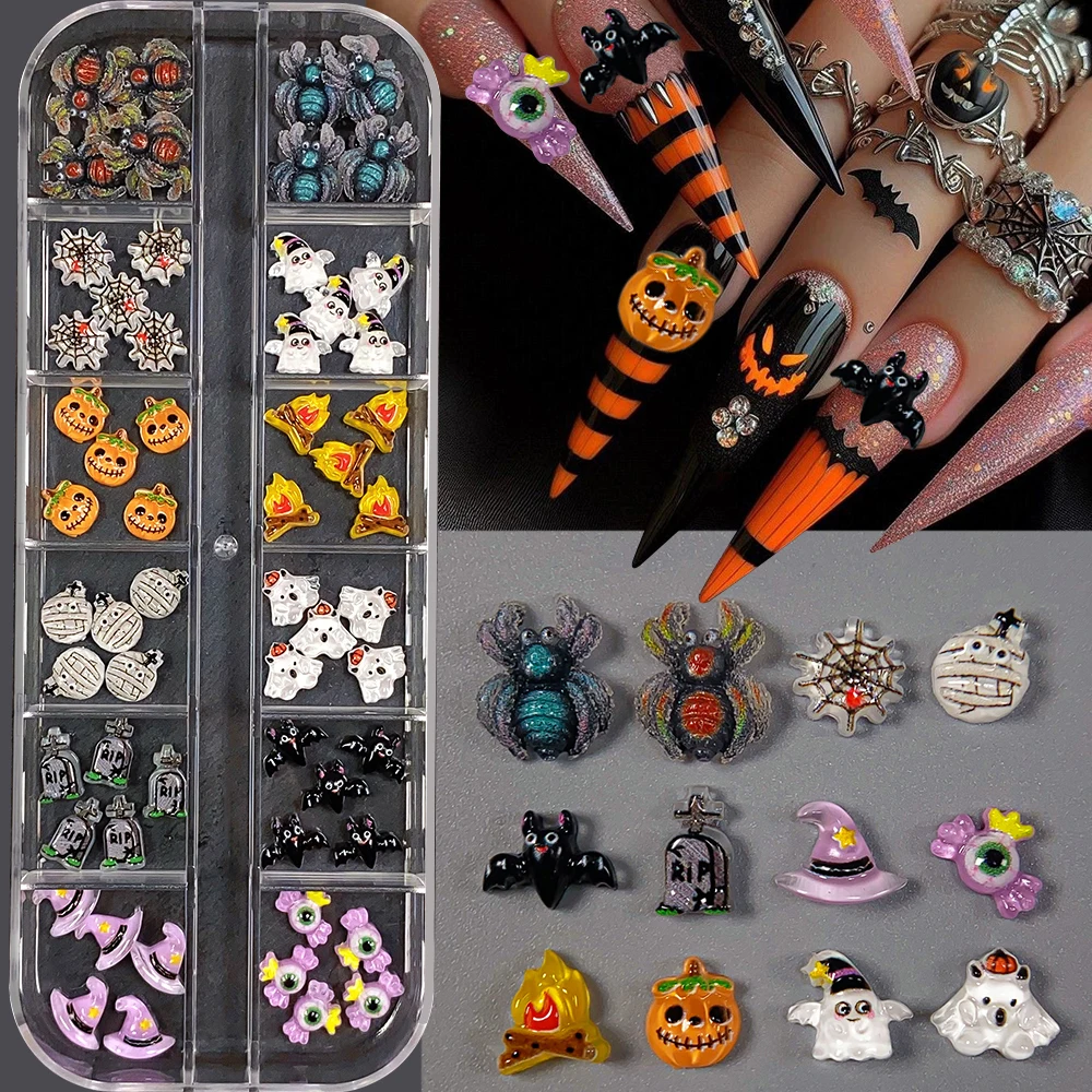

12 Grids Cute Spooky Ghost Pumpkin Halloween Nail Charms 3D Cartoon Spider Bat Nail Parts Single Eyeball Tombstone Nail Art Deco
