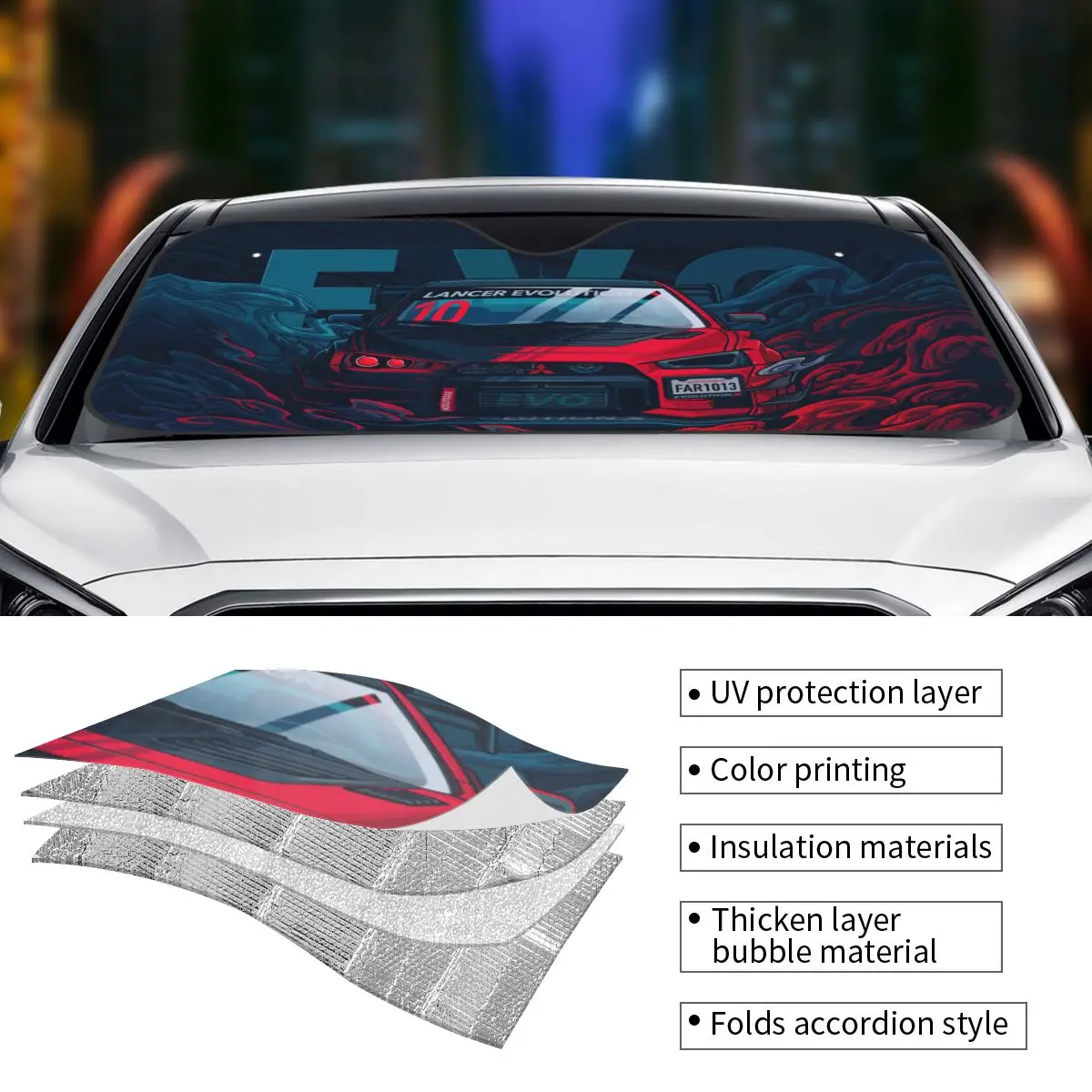 EVO Sports Car Lancer Evolution Universal Sunshade Windscreen 76x140cm Foils Sunshade Visor Car-covers