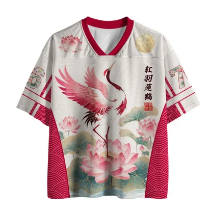 V Neck Mesh Short Sleeve Jersey, Chinese Style Red-crowned Crane And Lotus Print Tee, Oriental Art Casual Loose Top