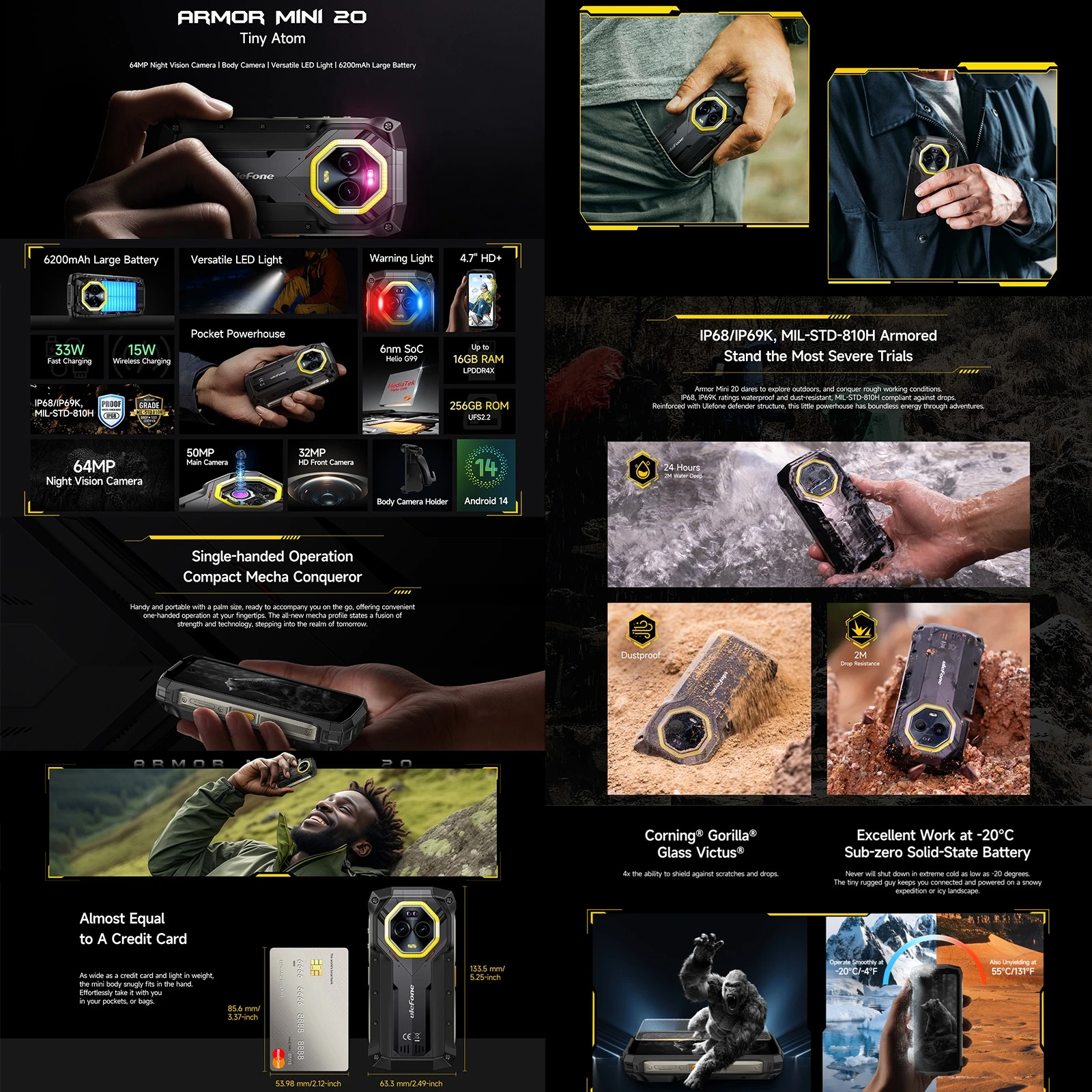 Ulefone Armor Mini 20 Rugged Phone 8GB+256GB Night Vision  4.7 '' Android 14 MediaTek Helio G99 Octa Core 4G NFC Smartphone