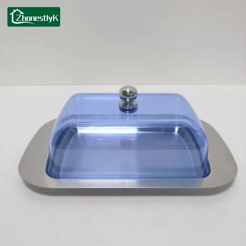 

Stainless Steel Blue Lid Butter Container Sealed Storage Butter Box Cheese Dish Butter Slicer Plate Kitchen French Tableware