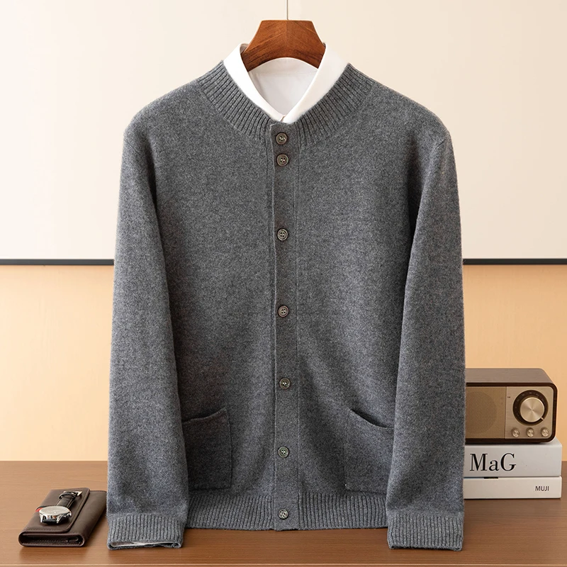 Fall/Winter Half-high Neck 100% Pure Wool Men's Button Jacket Cardigan Leisure Business Solid Color Knitted Bottom Shirt