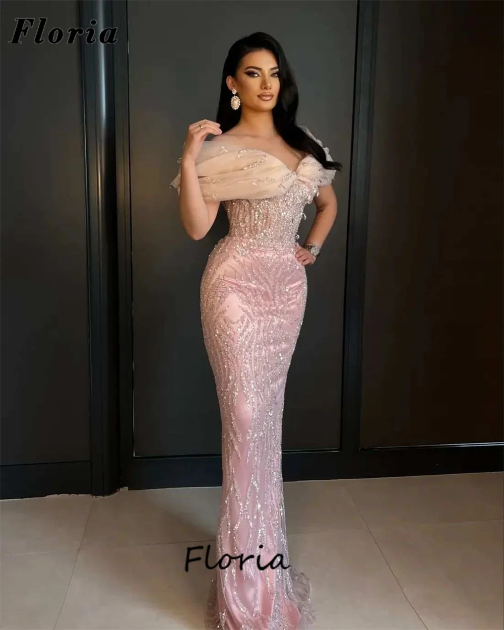 

Pink Off Shoulder Evening Dresses Arabic Dubai Mermaid Pageant Prom Dress Robes De Soiree Beading Crystals Wedding Party Gowns