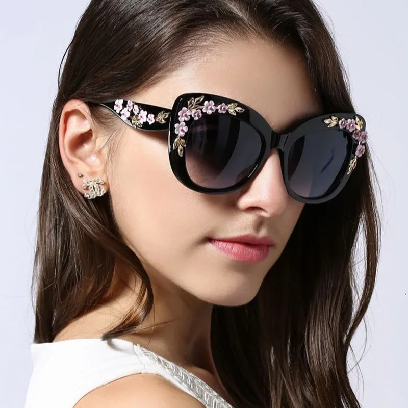 Luxury Brand Designer Oversized Cat Eye Flower Sunglasses Women Vintage Fashion Sun Glasses Trendy Punk Big Frame Pink Shades