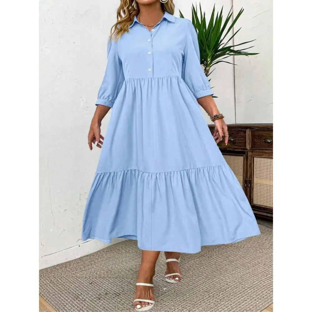 Sukienka codzienna dla kobiet plus size z rękawami do połowy ramienia, plisowana z przodu, zapinana na guziki, modna sukienka do noszenia na co dzień dla kobiet.