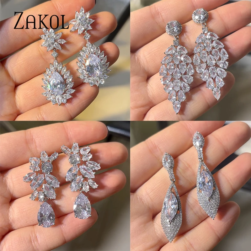 ZAKOL Brand Luxury Silver Color Cubic Zirconia Drop Earrings for Women Exquisite Geometric Square Wedding Birthday Jewelry